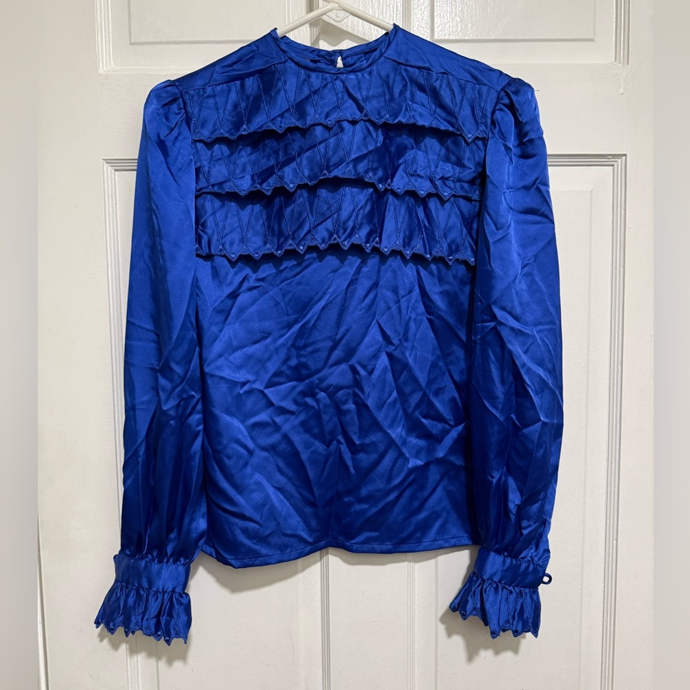 Blue Silky Vintage Long Sleeve Shirt 1980s 1990s Size 5/6 Womens